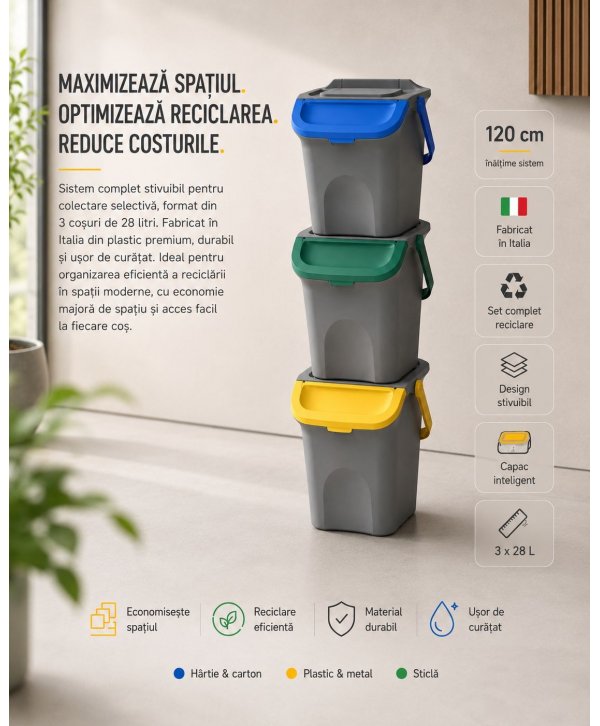 Set Coșuri de Gunoi Stivuibile 3x28 L - Sistem Complet pentru Colectare Selectivă