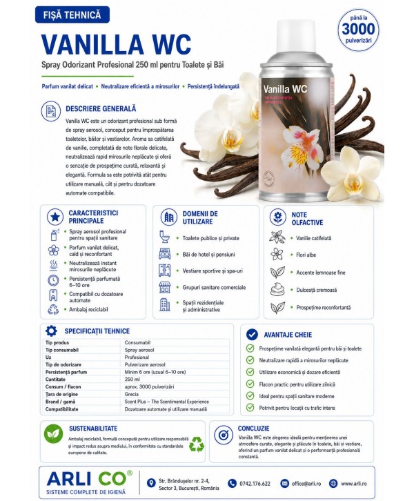 Vanilla WC 🚻 - Spray Odorizant Profesional 250 ml pentru Toaletă cu Parfum Delicat de Vanilie