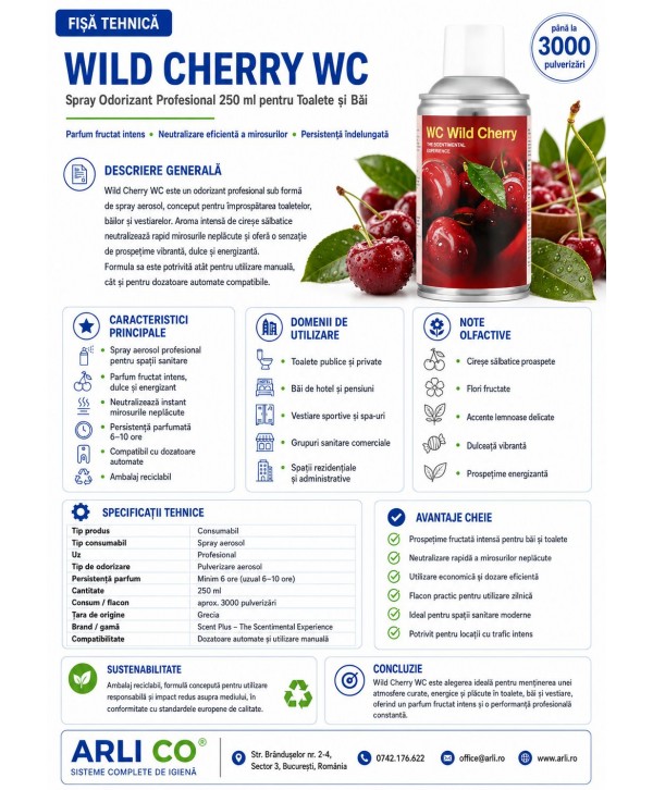 Wild Cherry WC 🚻 – Spray Odorizant Profesional 250 ml pentru Toalete cu Parfum de Cireșe Sălbatice