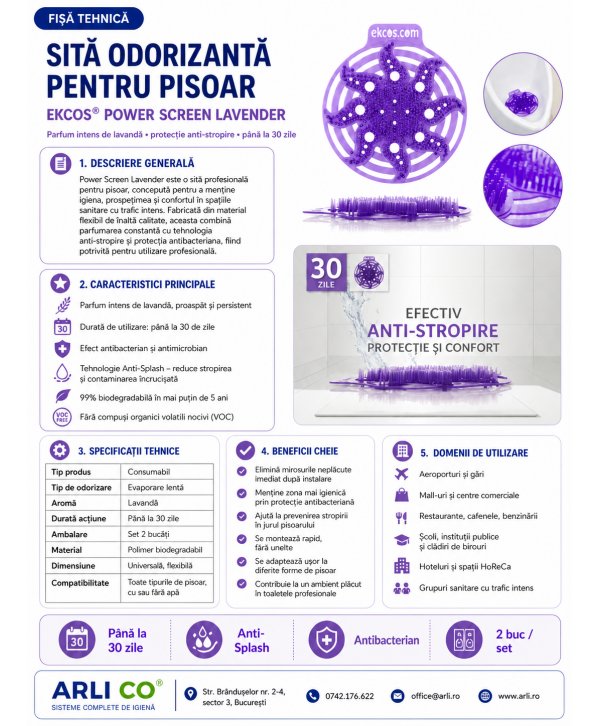 EKCOS® 🇺🇸 Power Screen Lavender - 2 Site Odorizante Profesionale pt Pisoar, anti stropire, antibacteriene, antimicrobiene