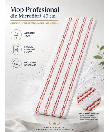 Mop profesional plat din microfibră 40 cm cu dungi roșii, urechi și buzunare, pentru toalete