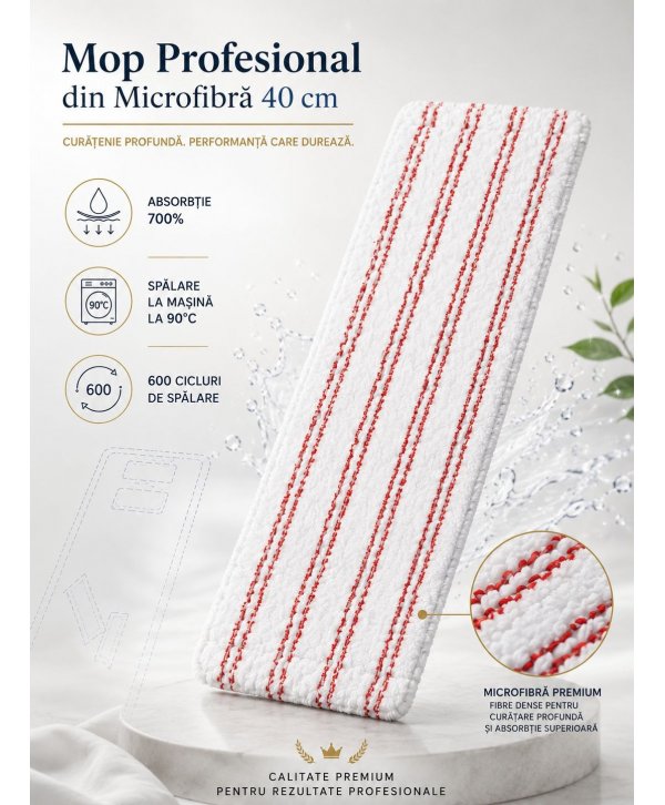 Mop profesional plat din microfibră 40 cm cu dungi roșii, urechi și buzunare, pentru toalete Mop profesional plat din microfibră 40 cm cu dungi roșii, urechi și buzunare, pentru toalete
