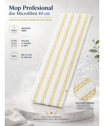 Mop profesional plat din microfibră 40 cm cu dungi galbene, urechi și buzunare, pentru bai, lavoare