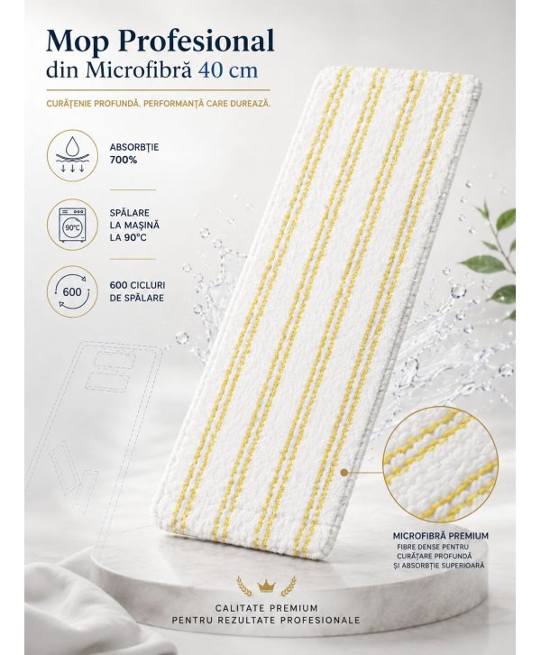 Mop profesional plat din microfibră 40 cm cu dungi galbene, urechi și buzunare, pentru bai, lavoare