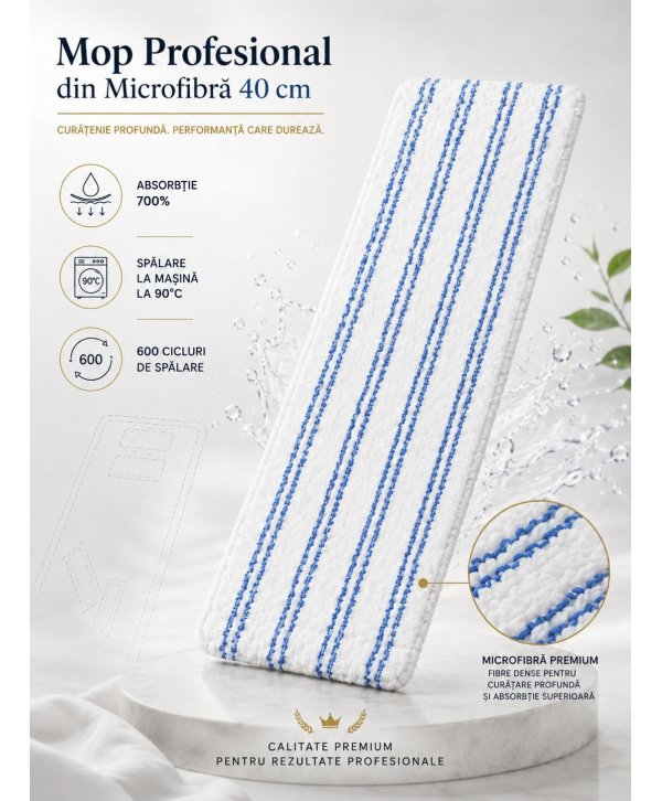 Mop profesional plat din microfibră 40 cm cu dungi albastre, urechi și buzunare, pentru birouri Mop profesional plat din microfibră 40 cm cu dungi albastre, urechi și buzunare, pentru birouri