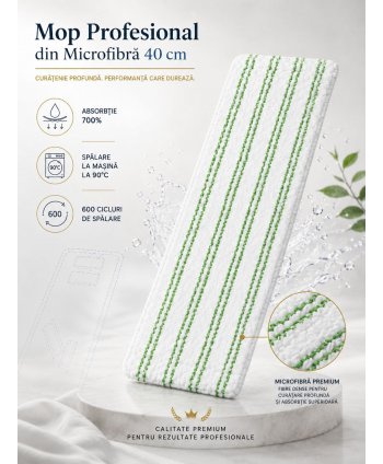 Mop profesional plat din microfibră 40 cm cu dungi verzi, urechi și buzunare, pentru spatii alimentare
