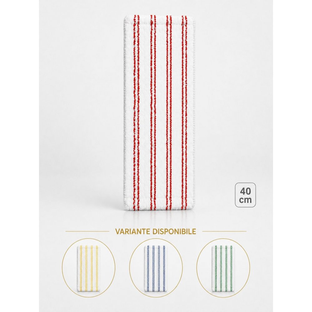 Mop profesional plat din microfibră 40 cm cu dungi roșii, urechi și buzunare, pentru toalete