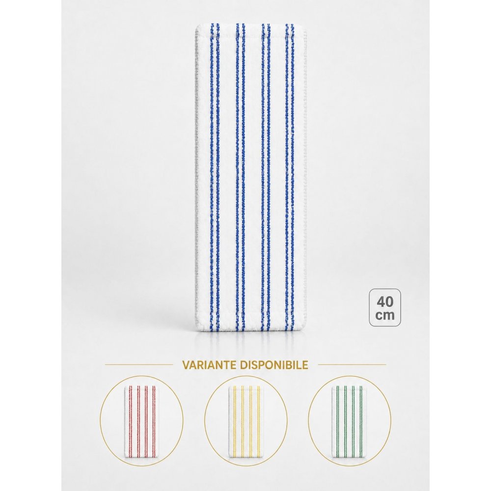 Mop profesional plat din microfibră 40 cm cu dungi albastre, urechi și buzunare, pentru birouri
