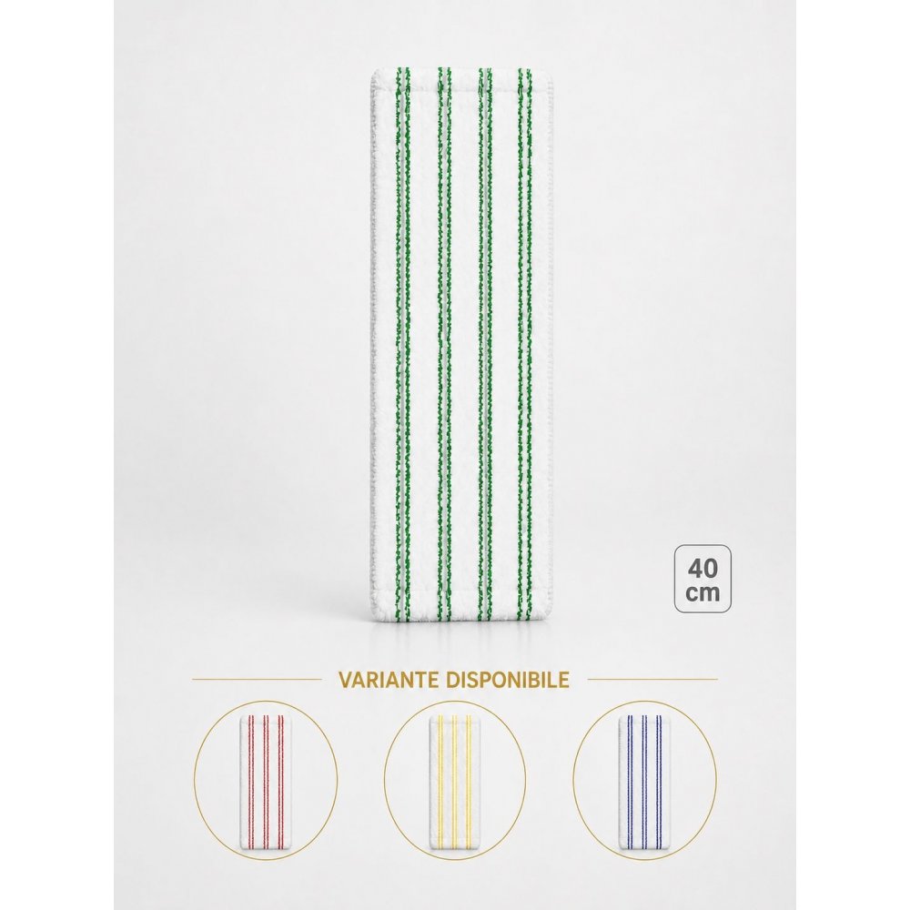 Mop profesional plat din microfibră 40 cm cu dungi verzi, urechi și buzunare, pentru spatii alimentare