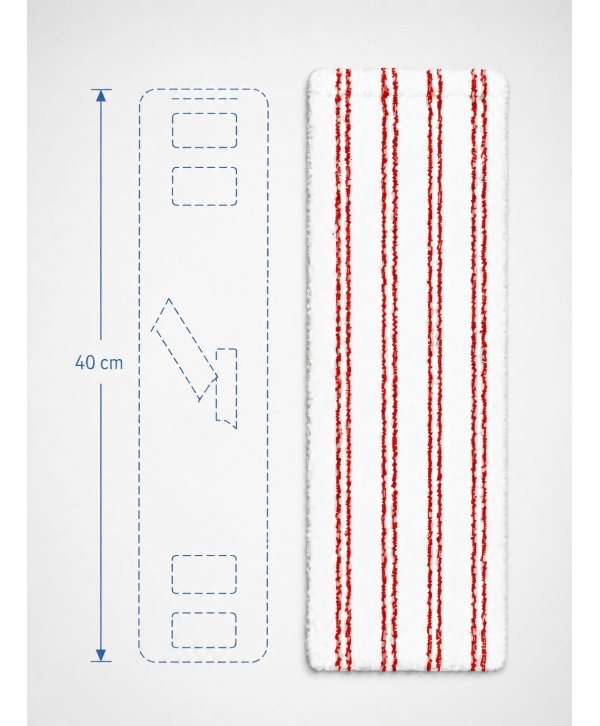 Dimensiuni mop profesional plat 40 cm cu urechi și buzunare Mop profesional plat din microfibră 40 cm cu dungi roșii, urechi și buzunare, pentru toalete