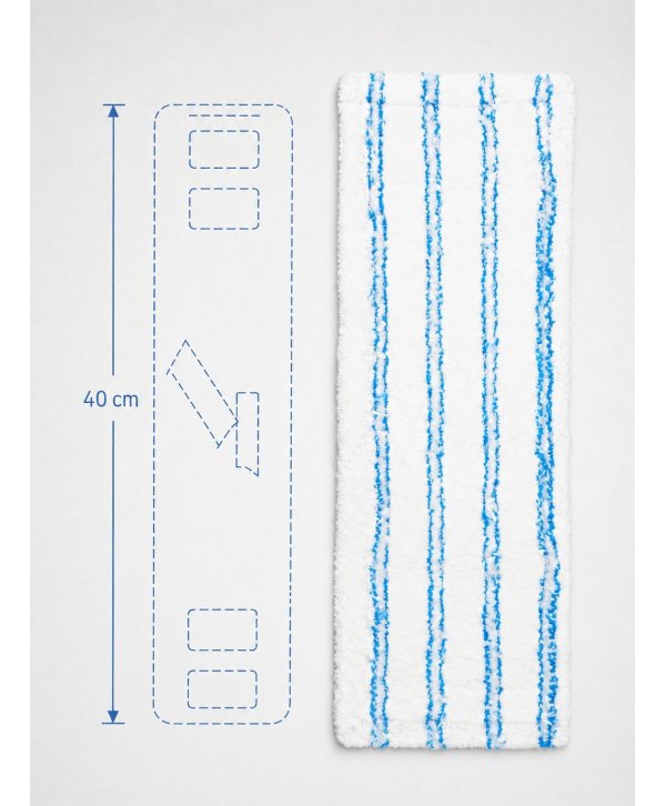 Mop profesional plat din microfibră 40 cm cu dungi albastre, urechi și buzunare, pentru birouri Mop profesional plat din microfibră 40 cm cu dungi albastre, urechi și buzunare, pentru birouri
