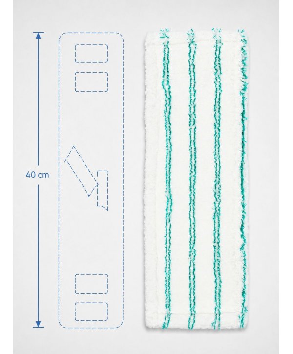Mop profesional plat din microfibră 40 cm cu dungi verzi, urechi și buzunare, pentru spatii alimentare