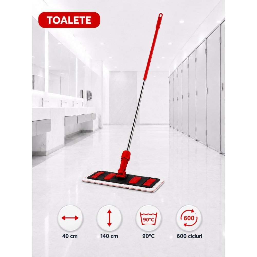 Set mop profesional roșu 40 cm, cu suport și mâner aluminiu 140 cm, pentru toalete
