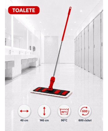  Produse de curatenie profesionale - Set mop profesional roșu 40 cm, cu suport și mâner aluminiu 140 cm, pentru toalete - arli.ro