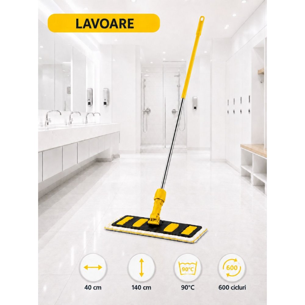 Set mop profesional galben 40 cm, cu suport și mâner aluminiu 140 cm, pentru lavoare