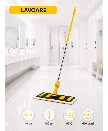  Produse de curatenie profesionale - Set mop profesional galben 40 cm, cu suport și mâner aluminiu 140 cm, pentru lavoare - arli.ro