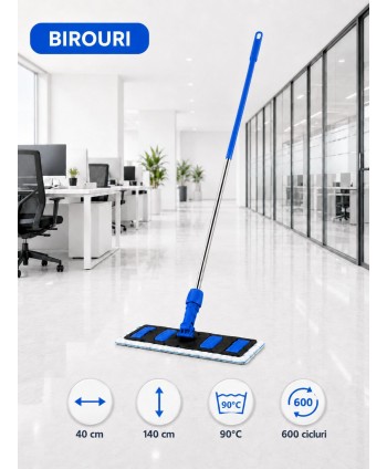  Produse de curatenie profesionale - Set mop profesional albastru 40 cm, cu suport și mâner aluminiu 140 cm, pentru birouri - arli.ro