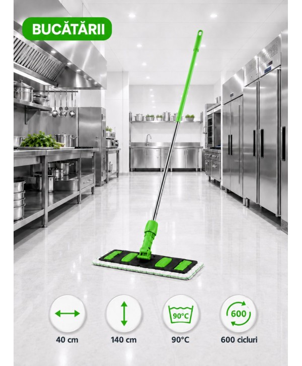 Set mop profesional verde 40 cm, cu suport și mâner aluminiu 140 cm, pentru bucătării
