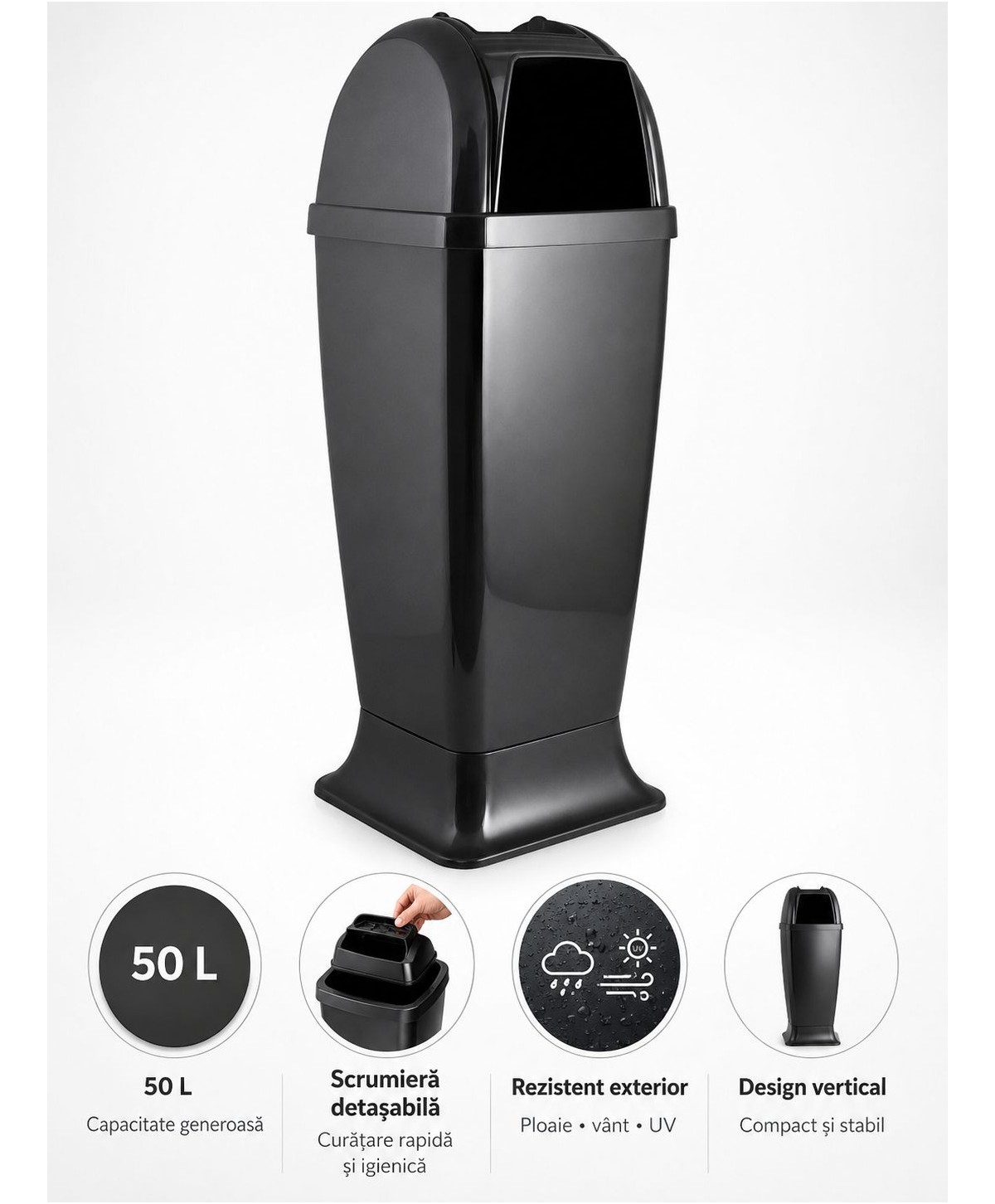 Coș de Gunoi cu Scrumieră Integrată 50L – Design Urban Anthracite, Sustenabil & Rezistent pentru Exterior