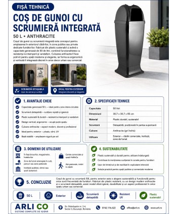 Coș de Gunoi cu Scrumieră Integrată 50L – Design Urban Anthracite, Sustenabil & Rezistent pentru Exterior
