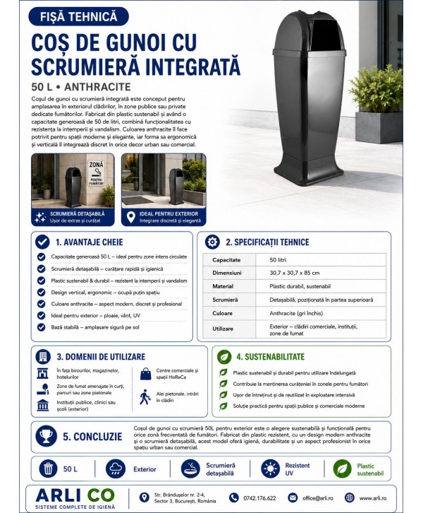 Coș de Gunoi cu Scrumieră Integrată 50L – Design Urban Anthracite, Sustenabil & Rezistent pentru Exterior Coș de Gunoi cu Scrumieră Integrată 50L – Design Urban Anthracite, Sustenabil & Rezistent pentru Exterior