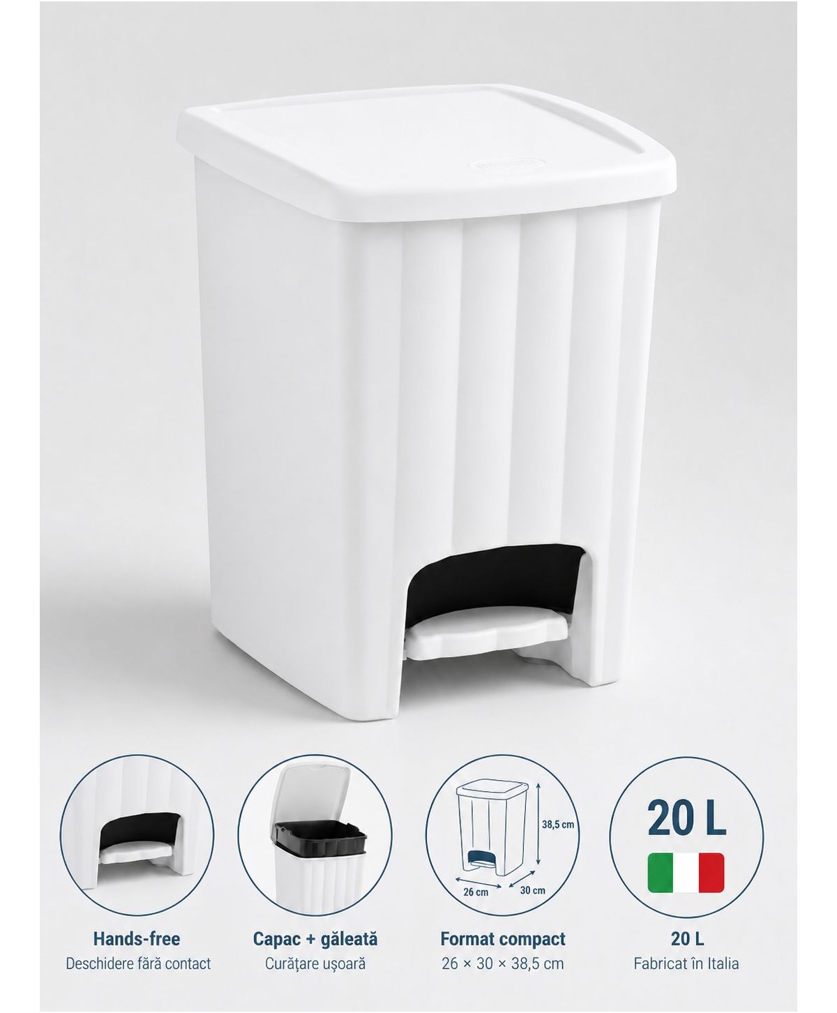 Coș de Gunoi 20L cu Pedală și Capac 🇮🇹 White – Design Compact și Igienă Fără Compromisuri
