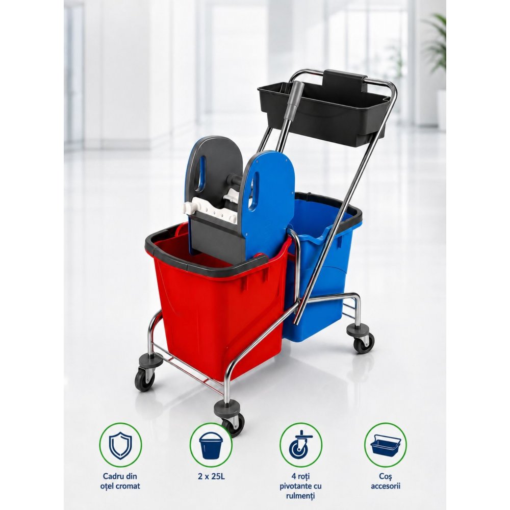 Cărucior de Curățenie Profesional 2×25L, Storcător Heavy-Duty & Cadru din Oțel Cromat