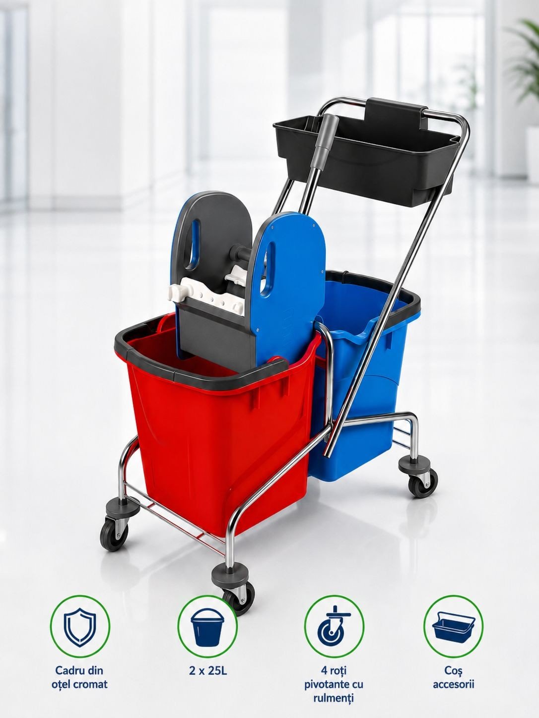 Cărucior de Curățenie Profesional 2×25L, Storcător Heavy-Duty & Cadru din Oțel Cromat