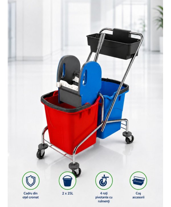 Cărucior de Curățenie Profesional 2×25L, Storcător Heavy-Duty & Cadru din Oțel Cromat Cărucior de Curățenie Profesional 2×25L, Storcător Heavy-Duty & Cadru din Oțel Cromat