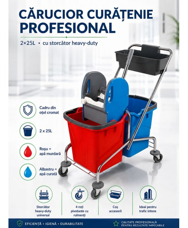 Cărucior de Curățenie Profesional 2×25L, Storcător Heavy-Duty & Cadru din Oțel Cromat Cărucior de Curățenie Profesional 2×25L, Storcător Heavy-Duty & Cadru din Oțel Cromat