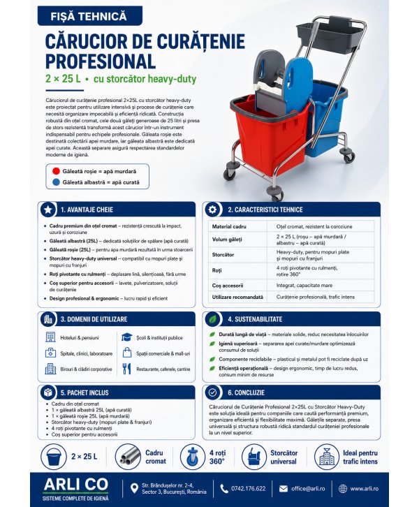 Cărucior de Curățenie Profesional 2×25L, Storcător Heavy-Duty & Cadru din Oțel Cromat Cărucior de Curățenie Profesional 2×25L, Storcător Heavy-Duty & Cadru din Oțel Cromat