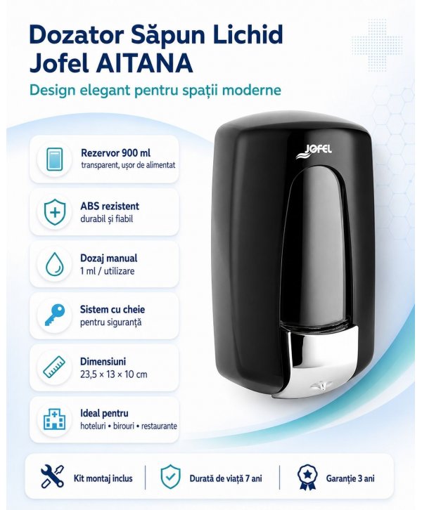 Dozator Săpun Lichid Jofel AITANA „Elegance Black”, capacitate 900 ml - Design Premium și Igienă Dozator Săpun Lichid Jofel AITANA „Elegance Black”, capacitate 900 ml - Design Premium și Igienă