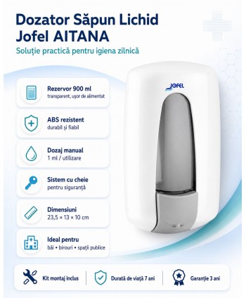 Dozator Săpun Lichid Jofel Aitana, capacitate 900 ml, calitate Premium, alb - Igienă, Design Compact și Durabilitate