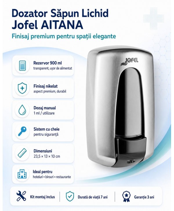 Dozator pentru sapun lichid cu finisaj nichelat, calitate Premium, Jofel Aitana Nickel, capacitate 900 ml Dozator pentru sapun lichid cu finisaj nichelat, calitate Premium, Jofel Aitana Nickel, capacitate 900 ml
