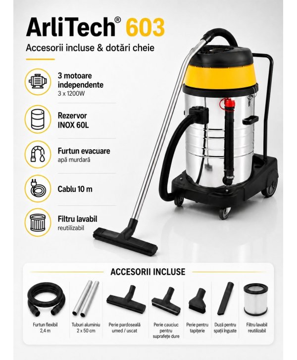 Aspirator profesional umed/uscat ArliTech® 603 Inox – Putere Extremă 3600W și Performanță Maximă Aspirator profesional umed/uscat ArliTech® 603 Inox – Putere Extremă 3600W și Performanță Maximă