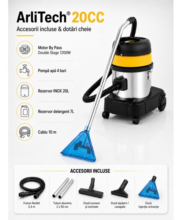 Aspirator profesional injecție-extracție ArliTech® 20CC Inox – Curățenie Profesională pentru Covoare și Tapițerii Aspirator profesional injecție-extracție ArliTech® 20CC Inox – Curățenie Profesională pentru Covoare și Tapițerii