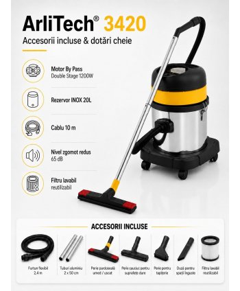 Aspirator profesional umed/uscat ArliTech® 3420 Inox – Putere 1200W, Eficiență și Responsabilitate Ecologică