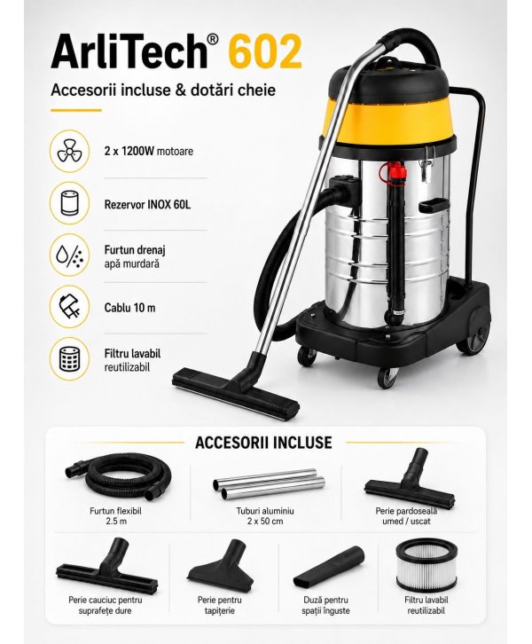 Aspirator profesional umed/uscat ArliTech® 602 Inox – Putere 2400W, Performanță și Fiabilitate pentru Trafic Intens Aspirator profesional umed/uscat ArliTech® 602 Inox – Putere 2400W, Performanță și Fiabilitate pentru Trafic Intens