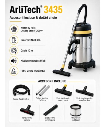 Aspirator profesional umed/uscat ArliTech® 3435 Inox – Putere 1200W, Eficiență și Sustenabilitate