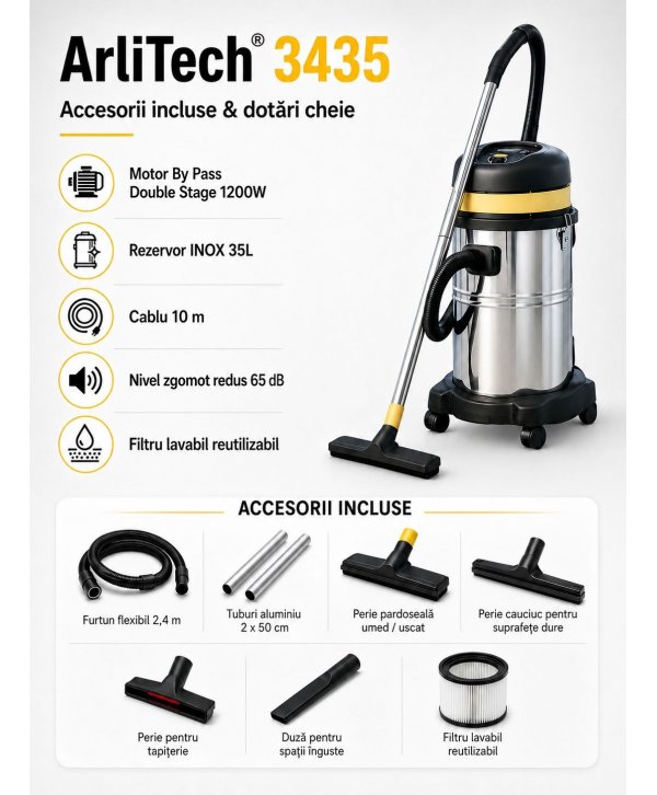 Aspirator profesional umed/uscat ArliTech® 3435 Inox – Putere 1200W, Eficiență și Sustenabilitate