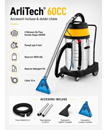 Aspirator profesional injecție-extracție ArliTech® 60CC – Putere 2400W, Performanță Avansată pentru Curățare Profundă