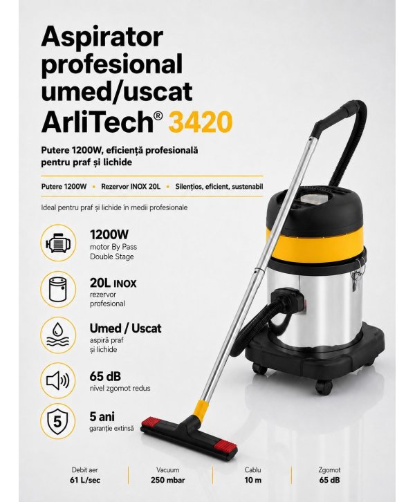 Aspirator profesional umed/uscat ArliTech® 3420 Inox – Putere 1200W, Eficiență și Responsabilitate Ecologică Aspirator profesional umed/uscat ArliTech® 3420 Inox – Putere 1200W, Eficiență și Responsabilitate Ecologică