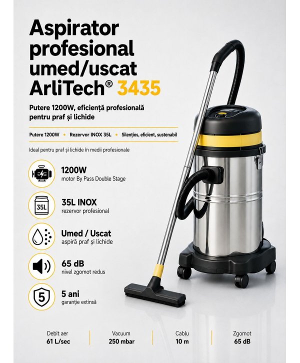 Aspirator profesional umed/uscat ArliTech® 3435 Inox – Putere 1200W, Eficiență și Sustenabilitate