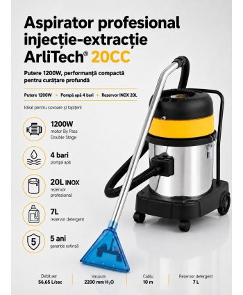 Aspirator profesional injecție-extracție ArliTech® 20CC Inox – Curățenie Profesională pentru Covoare și Tapițerii