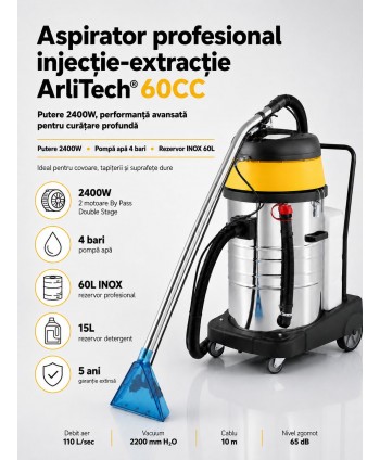 Aspirator profesional injecție-extracție ArliTech® 60CC – Putere 2400W, Performanță Avansată pentru Curățare Profundă
