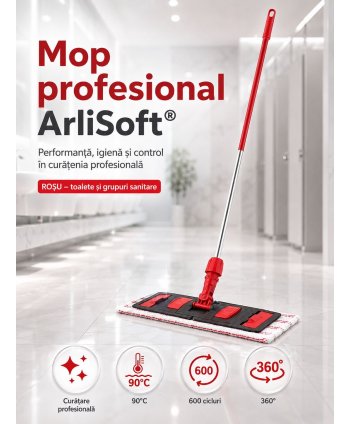 Set mop profesional roșu 40 cm, cu suport și mâner aluminiu 140 cm, pentru toalete
