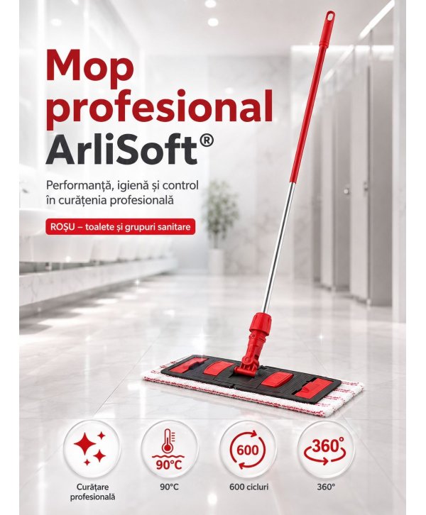 Set mop profesional roșu 40 cm, cu suport și mâner aluminiu 140 cm, pentru toalete