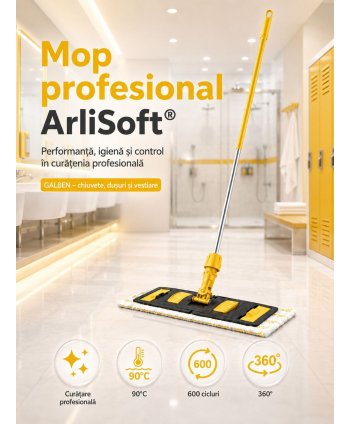 Set mop profesional galben 40 cm, cu suport și mâner aluminiu 140 cm, pentru lavoare