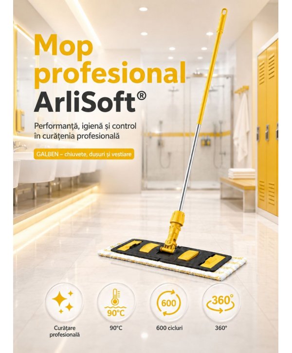 Set mop profesional galben 40 cm, cu suport și mâner aluminiu 140 cm, pentru lavoare Set mop profesional galben 40 cm, cu suport și mâner aluminiu 140 cm, pentru lavoare