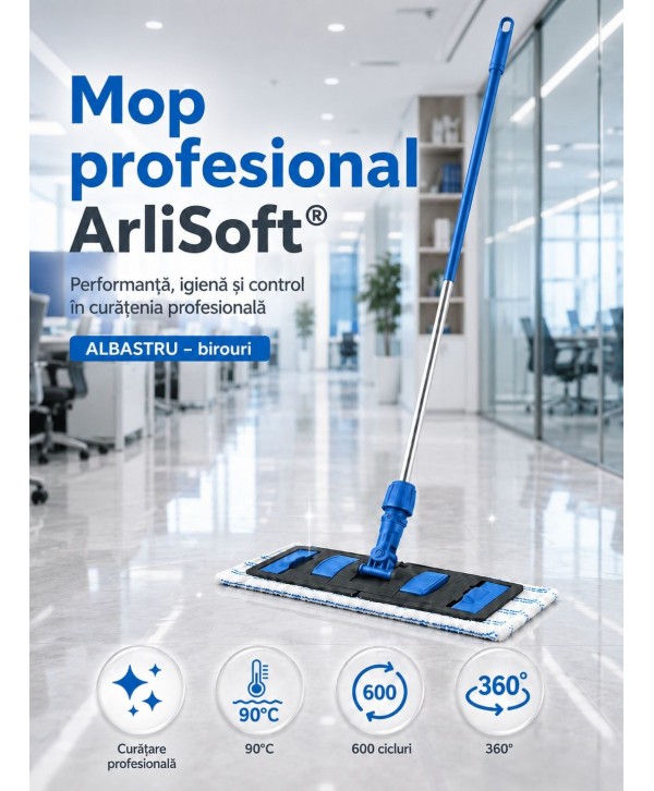 Set mop profesional albastru 40 cm, cu suport și mâner aluminiu 140 cm, pentru birouri Set mop profesional albastru 40 cm, cu suport și mâner aluminiu 140 cm, pentru birouri